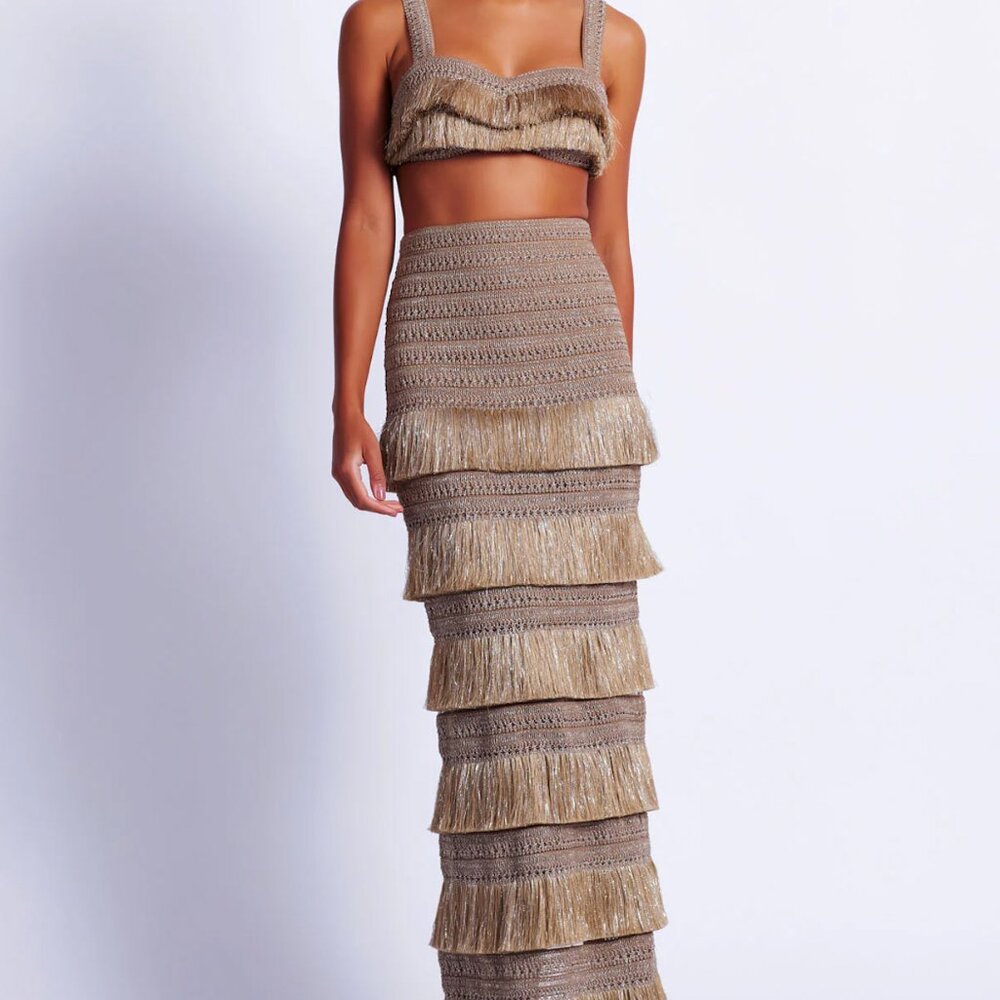 PatBO Taupe Fringe Knit Maxi Skirt Set